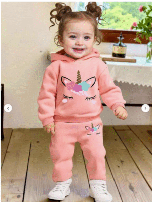 1 2pcs Baby Girl Casual Fashionable Cute Cartoon Unicorn Print Minimalist Fleece Lined Hoodie Sweatshirt And Pants Set, Autumn/Winter, Pink Hoodie Set Fall