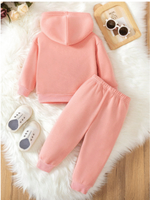 2 2pcs Baby Girl Casual Fashionable Cute Cartoon Unicorn Print Minimalist Fleece Lined Hoodie Sweatshirt And Pants Set, Autumn/Winter, Pink Hoodie Set Fall