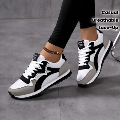 Women's Retro Low-Top Lace-Up Sneakers - Breathable Fabric Striped Casual Shoes with TPR Sole, All-Season Comfort for Running, Walking & Casual Attire, Ladies Sneakers, Running Footwear, Vintage Aesthetic, Flexible Footwear